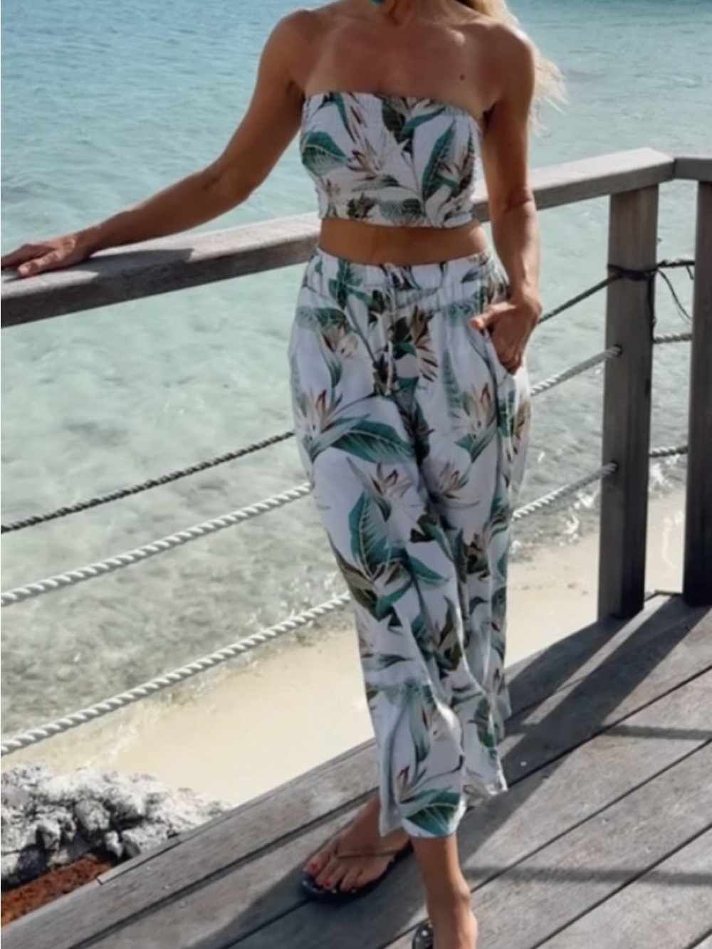 Bali Boutique Tropical Two Piece Set | Strapless Crop Top & Pants | S/M | Resort